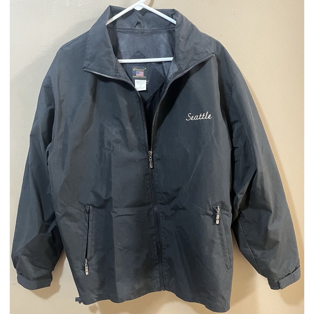 Cheneral Men's Large Full Zip Windbreaker Jacket Seattle Embroidered‎ Black USA